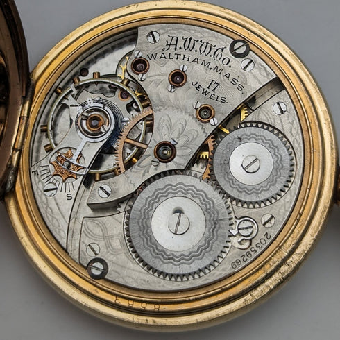約 1915 年美國古董 Waltham 懷錶 Dennison 錶殼鍍金半獵人翻新